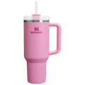 Stanley 1913 Quencher H2.0 tumbler in pink with handle, white lid, and straw on white background